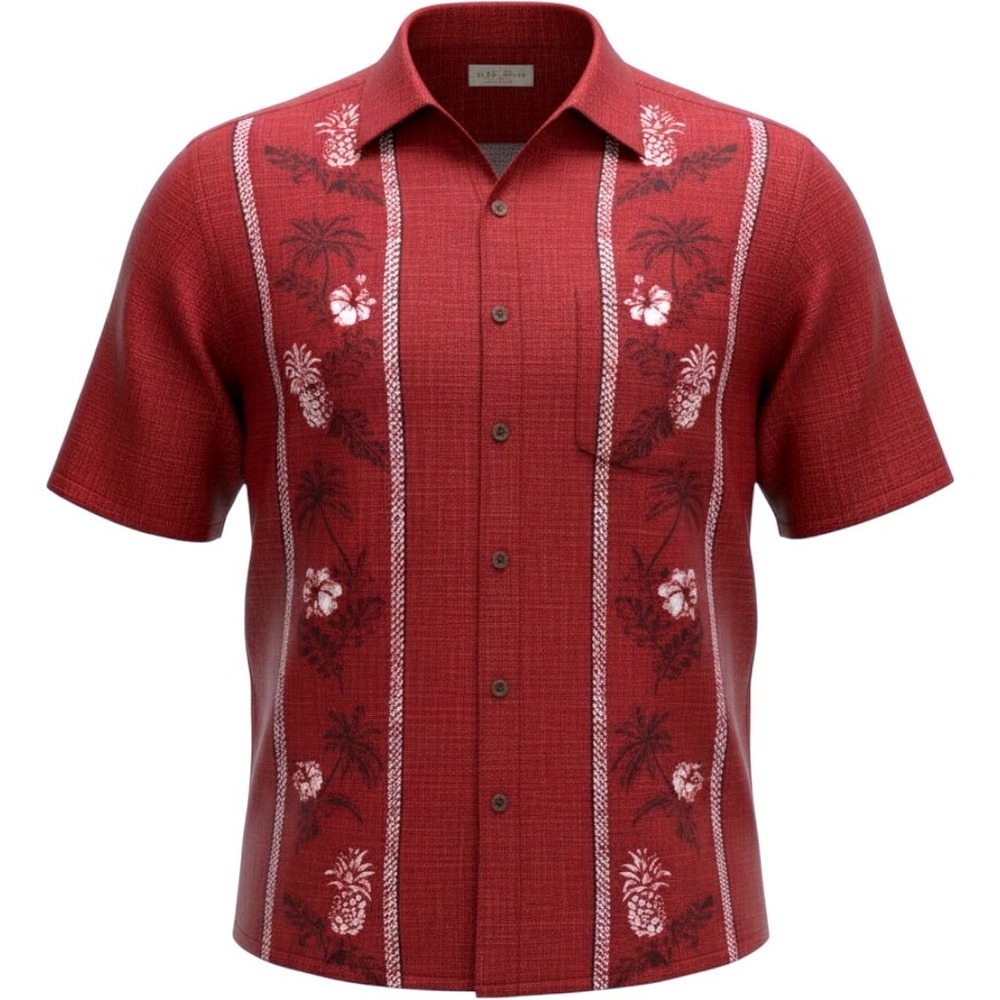 Batik Bay Men XL Red Rayon Pineapple Palm Tree Hibiscus Hawaiian Camp Shirt